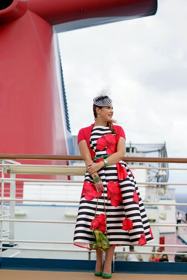 Winnipeg Style Fashion stylist blog, Chicwish Flirty rose striped prom dress, Mary Frances Accessories leap pad lily pad beaded frog bag, Chie Mihara Oki green checker board heel leather heel pumps shoes, Jeanne Simmons black white retro fascinator hat, Wayne Clark crystal turtle bangle cuff bracelet, Betsey Johnson rose knuckle ring, Carnival cruise vacation Dream ship 2016